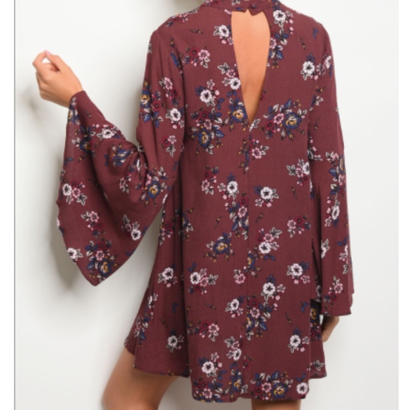  Wine Floral Mock Neck Dress - Picture 2 of 2